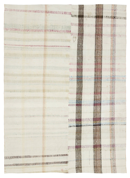 Girit Beige Striped Wool Handmade Area Rug 5'6" x 8'7"