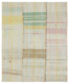 Girit Beige Striped Wool Handmade Area Rug 5'10" x 7'2"