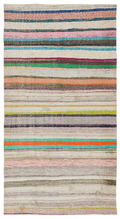 Girit Beige Striped Wool Handmade Area Rug 5'2" x 9'7"