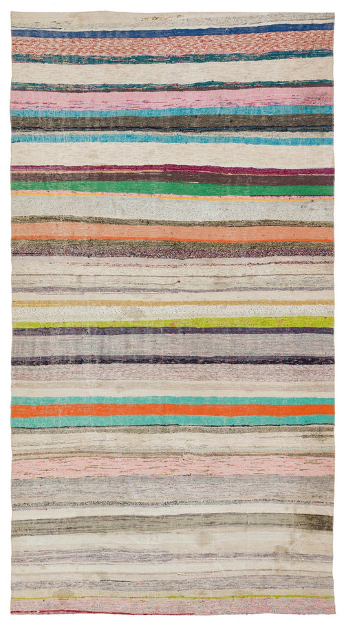 Girit Beige Striped Wool Handmade Area Rug 5'2" x 9'7"