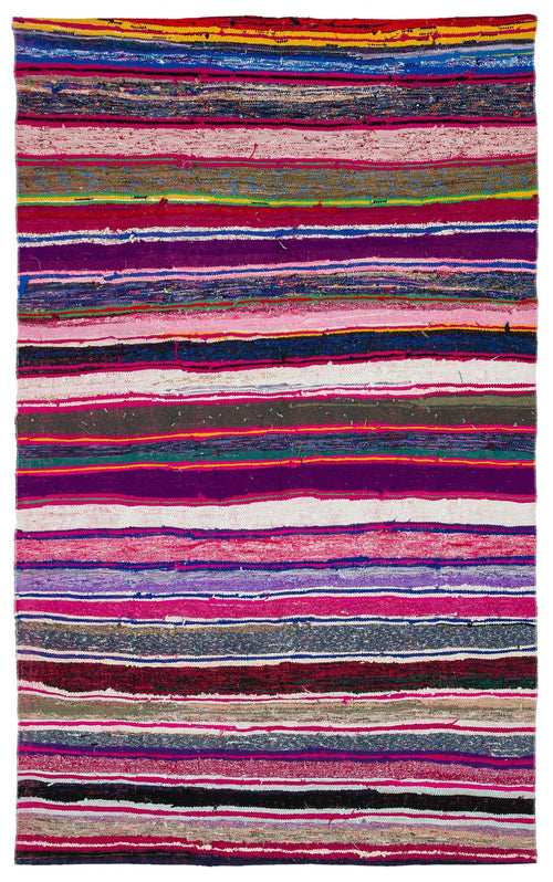 Girit Beige Striped Wool Handmade Area Rug 5'3" x 8'6"