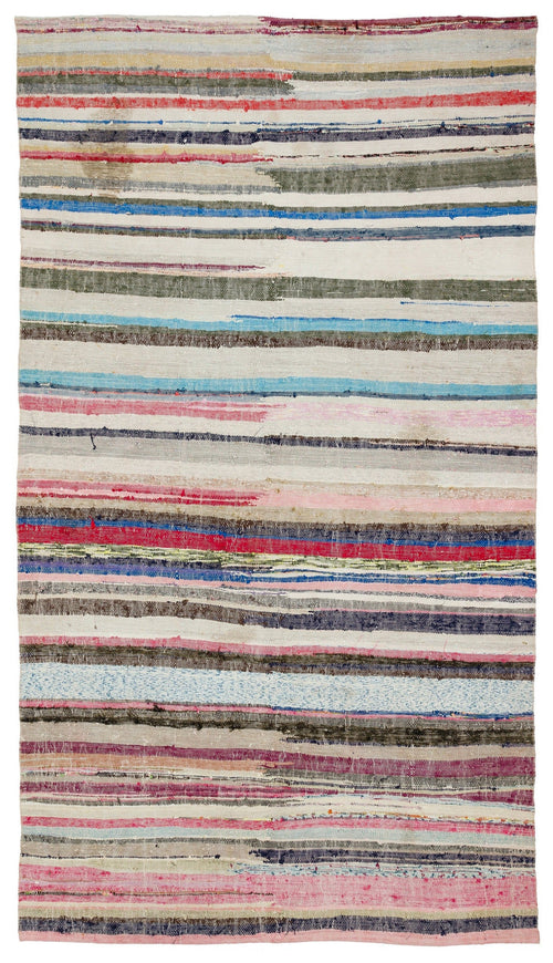 Girit Beige Striped Wool Handmade Area Rug 5'3" x 9'4"