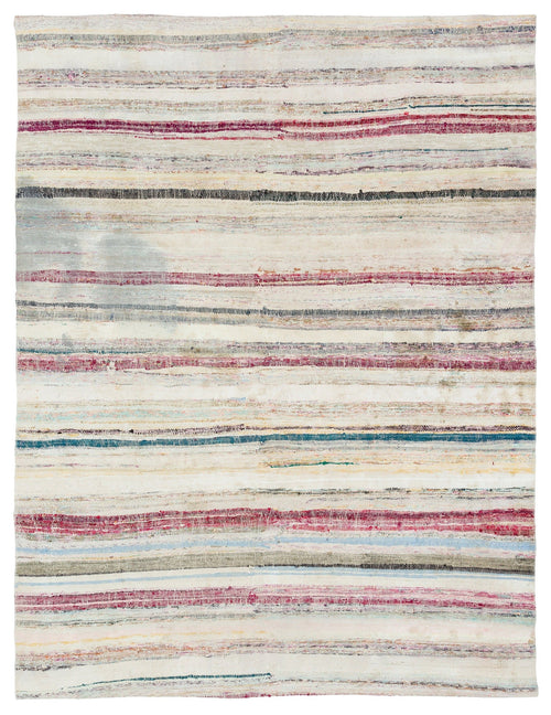 Girit Beige Striped Wool Handmade Area Rug 5'4" x 7'0"