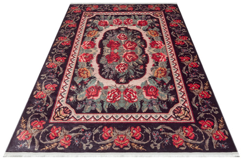 Ternitz Black Floral Cotton Machine Made Area Rug