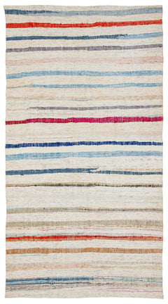 Girit Beige Striped Wool Handmade Area Rug 4'9" x 8'11"
