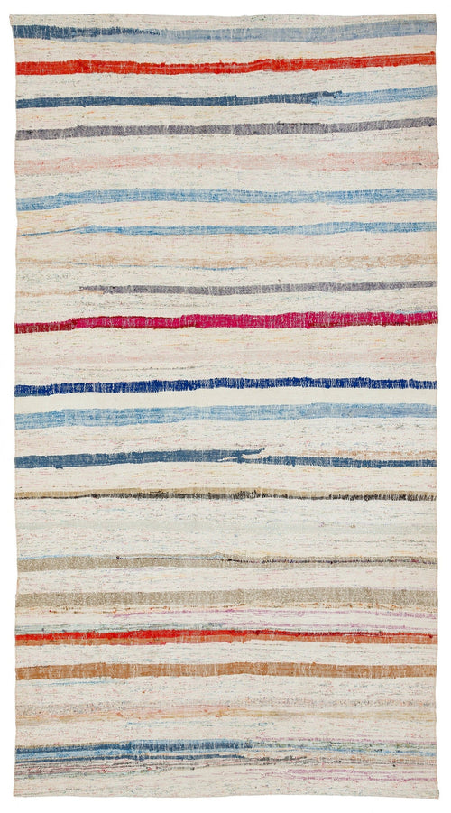 Girit Beige Striped Wool Handmade Area Rug 4'9" x 8'11"
