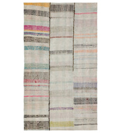 Girit Beige Striped Wool Handmade Area Rug 5'0" x 8'11"