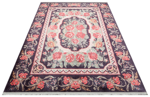 Ternitz Black Floral Cotton Machine Made Area Rug