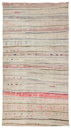 Girit Beige Striped Wool Handmade Area Rug 4'10" x 8'11"