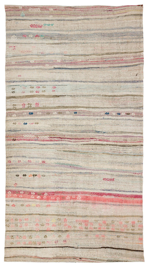 Girit Beige Striped Wool Handmade Area Rug 4'10" x 8'11"