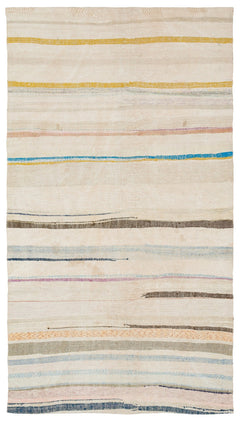 Girit Beige Striped Wool Handmade Area Rug 4'10" x 8'9"