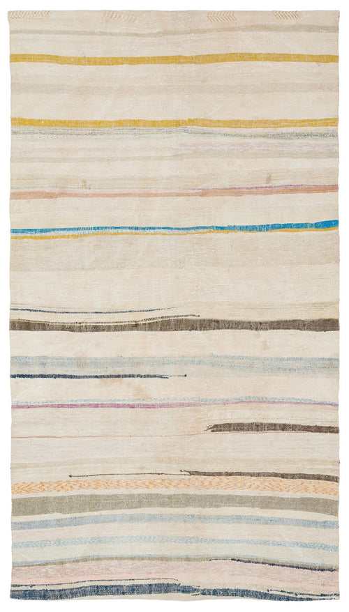 Girit Beige Striped Wool Handmade Area Rug 4'10" x 8'9"
