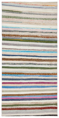 Girit Beige Striped Wool Handmade Area Rug 4'9" x 9'10"