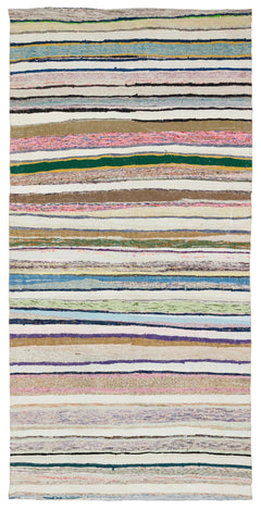 Girit Beige Striped Wool Handmade Area Rug 5'1" x 10'3"