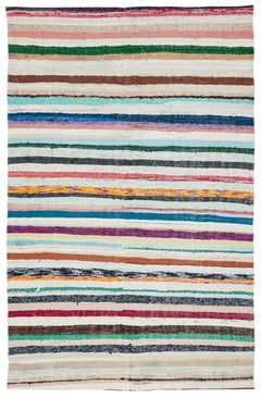 Girit Beige Striped Wool Handmade Area Rug 5'1" x 8'2"