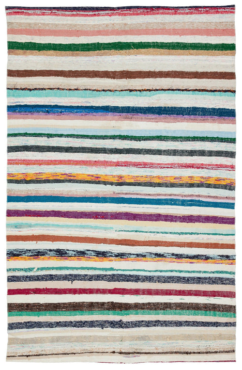 Girit Beige Striped Wool Handmade Area Rug 5'1" x 8'2"