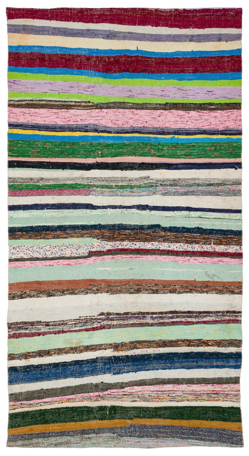 Girit Beige Striped Wool Handmade Area Rug 5'2" x 9'9"