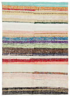 Girit Beige Striped Wool Handmade Area Rug 4'9" x 6'9"