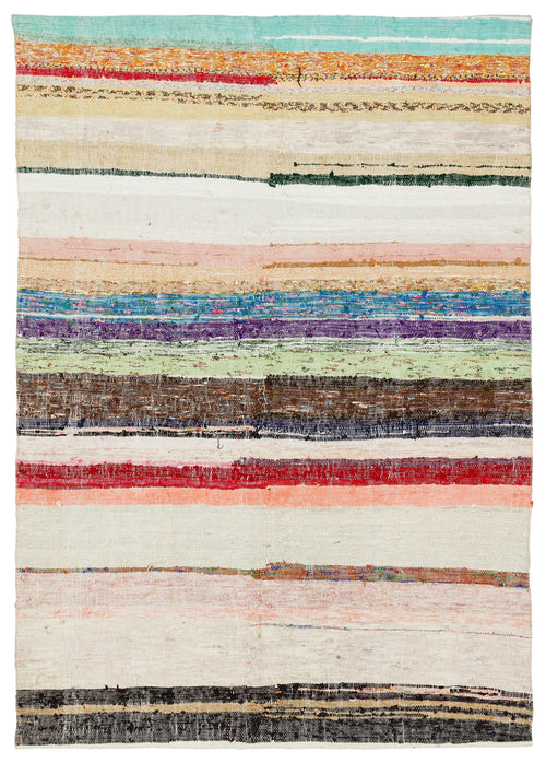 Girit Beige Striped Wool Handmade Area Rug 4'9" x 6'9"