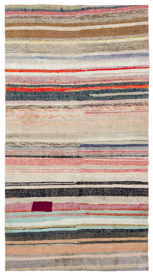 Girit Beige Striped Wool Handmade Area Rug 4'11" x 9'2"