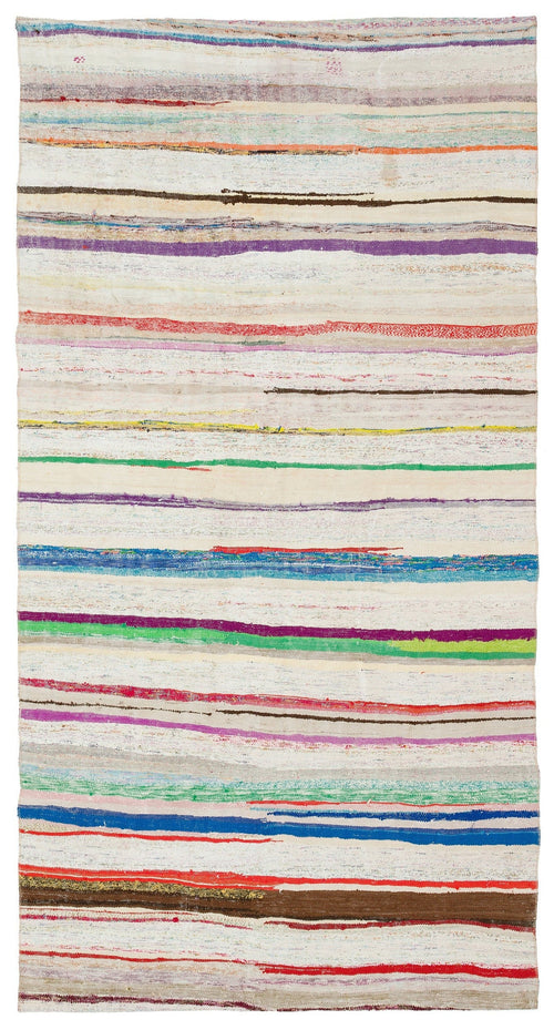 Girit Beige Striped Wool Handmade Area Rug 4'6" x 9'9"