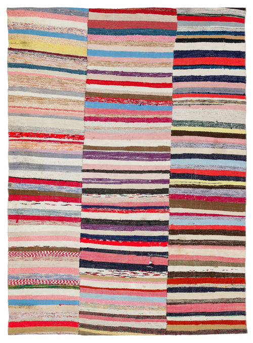 Girit Grey Striped Wool Handmade Area Rug 5'2" x 7'1"