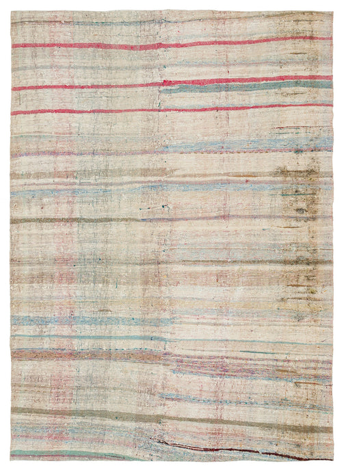 Girit Beige Striped Wool Handmade Area Rug 5'6" x 7'9"