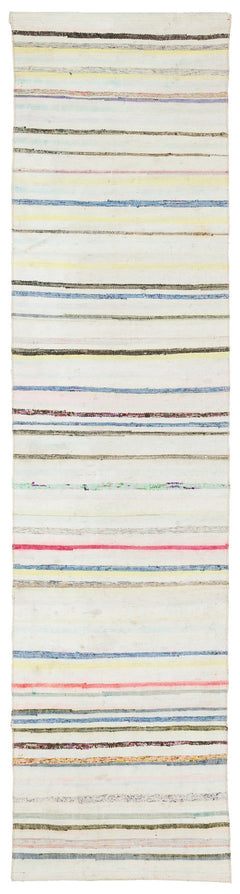 Girit Beige Striped Wool Handmade Area Rug 2'3" x 8'11"