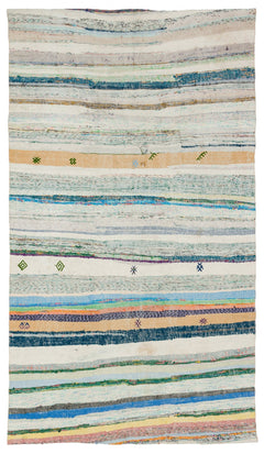 Girit Beige Striped Wool Handmade Area Rug 5'2" x 9'0"