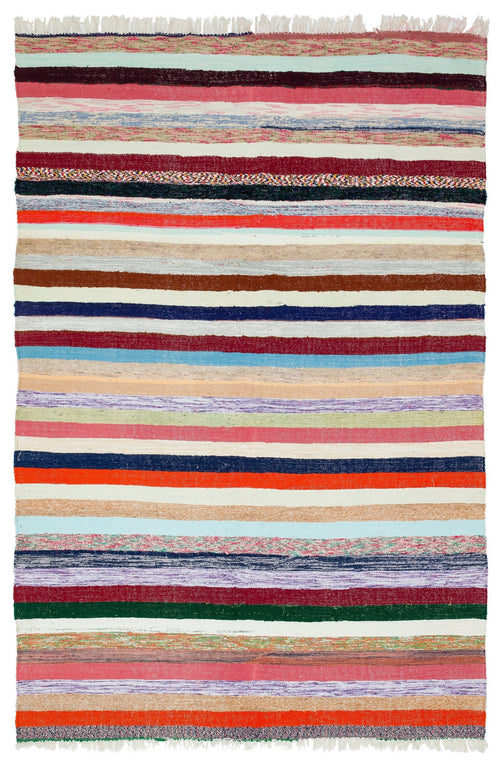 Girit Beige Striped Wool Handmade Area Rug 5'11" x 8'10"