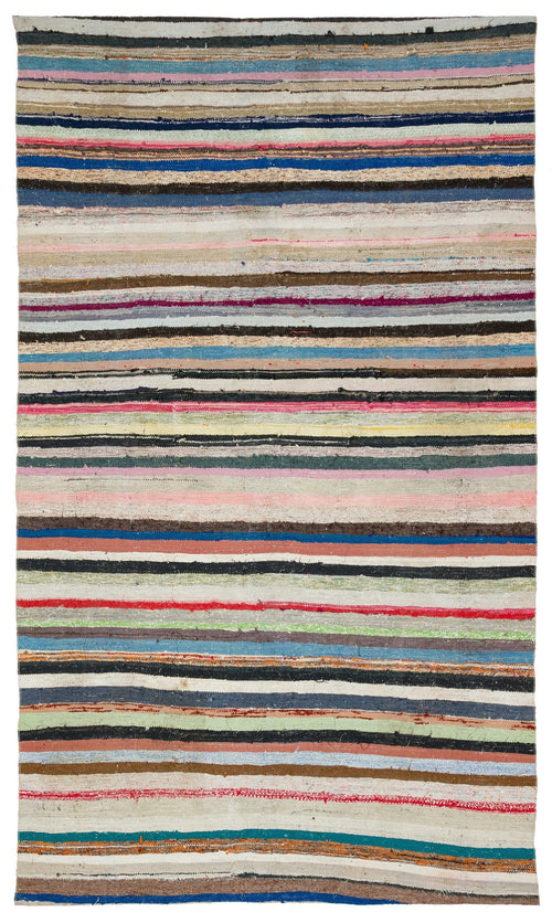 Girit Beige Striped Wool Handmade Area Rug 5'10" x 10'1"