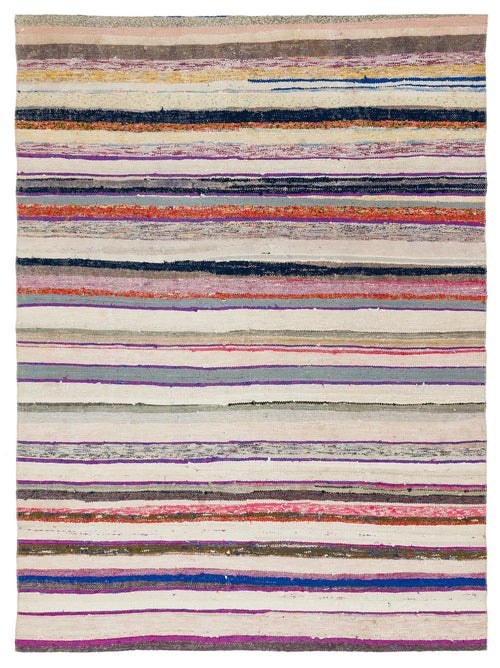 Girit Beige Striped Wool Handmade Area Rug 5'1" x 6'10"