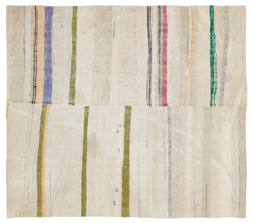 Girit Beige Striped Wool Handmade Area Rug 5'9" x 6'4"