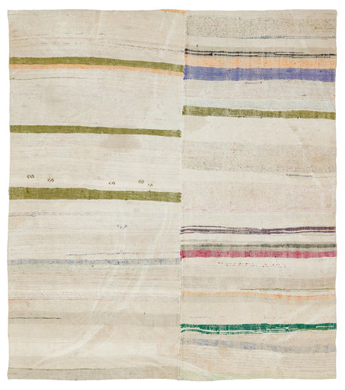 Girit Beige Striped Wool Handmade Area Rug 5'9" x 6'4"