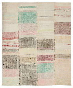 Girit Beige Striped Wool Handmade Area Rug 6'8" x 8'0"