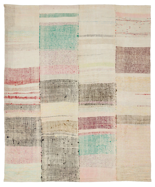 Girit Beige Striped Wool Handmade Area Rug 6'8" x 8'0"