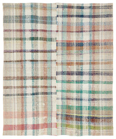 Girit Beige Striped Wool Handmade Area Rug 6'7" x 7'10"