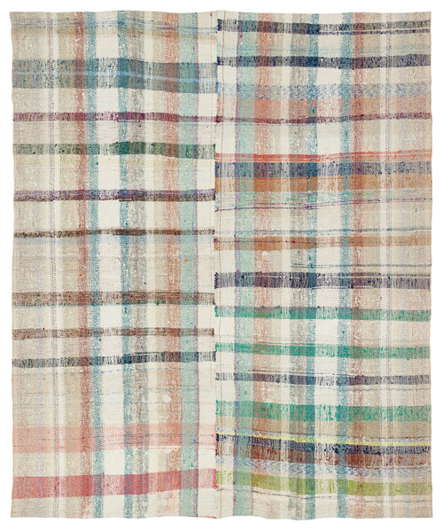 Girit Beige Striped Wool Handmade Area Rug 6'7" x 7'10"