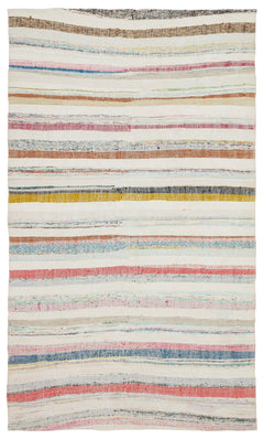 Girit Beige Striped Wool Handmade Area Rug 5'5" x 9'1"