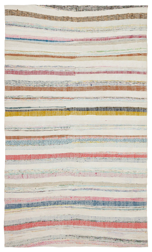 Girit Beige Striped Wool Handmade Area Rug 5'5" x 9'1"