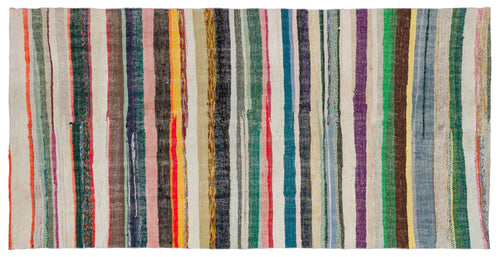 Girit Beige Striped Wool Handmade Area Rug 5'2" x 10'2"