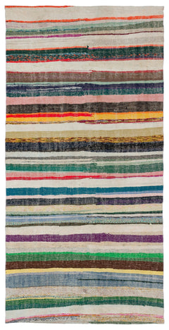 Girit Beige Striped Wool Handmade Area Rug 5'2" x 10'2"