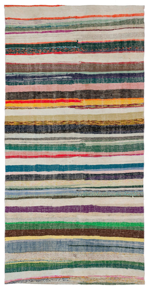 Girit Beige Striped Wool Handmade Area Rug 5'2" x 10'2"