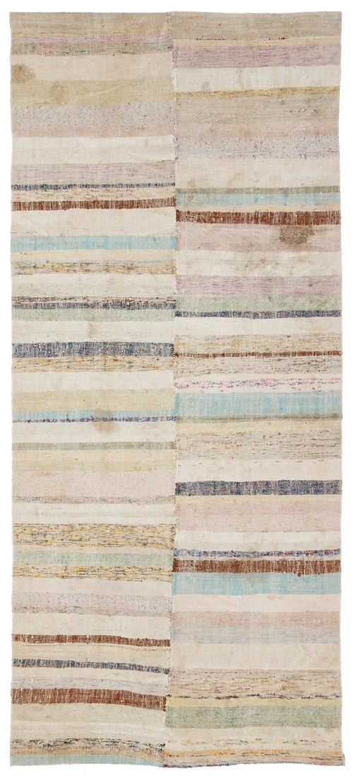 Girit Beige Striped Wool Handmade Area Rug 4'4" x 9'9"