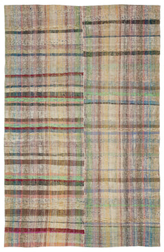 Girit Beige Striped Wool Handmade Area Rug 5'11" x 9'1"