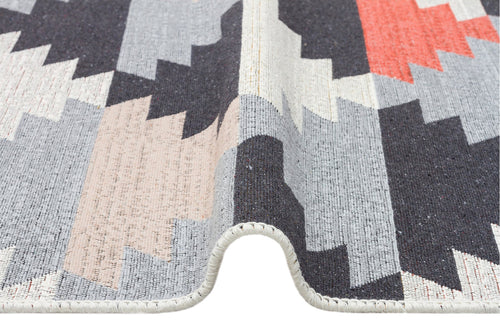 Grey Geometric Kilim Rug - Washable Cotton Woven Area Rug with Anti Slip