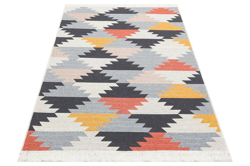 Grey Geometric Kilim Rug - Washable Cotton Woven Area Rug with Anti Slip