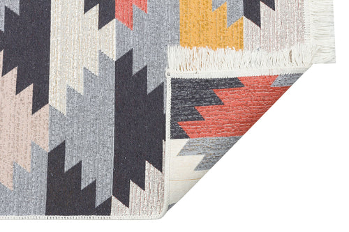 Grey Geometric Kilim Rug - Washable Cotton Woven Area Rug with Anti Slip