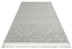 Grey Geometric Area Rug - Modern Machine Made Carpet With Ethnic Pattern Design