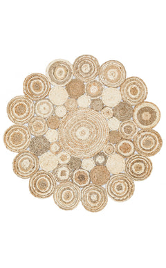 Round Jute Rug - Beige Geometric Natural Fiber Carpet, Hand Woven Soft Texture